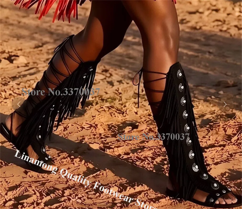 Linamong Red Brown Black Suede Tassels Rhinestones Flat Gladiator Boots Open Toe Lace-up Fringes Long Sandals view 6