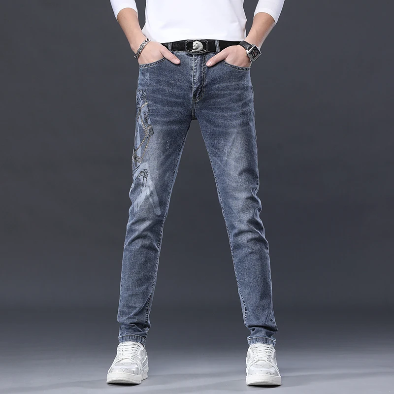 

Light luxury high-end bronzing printed jeans men's elastic straight 2024 new trendy men's clothing slim fit tapered casual pants