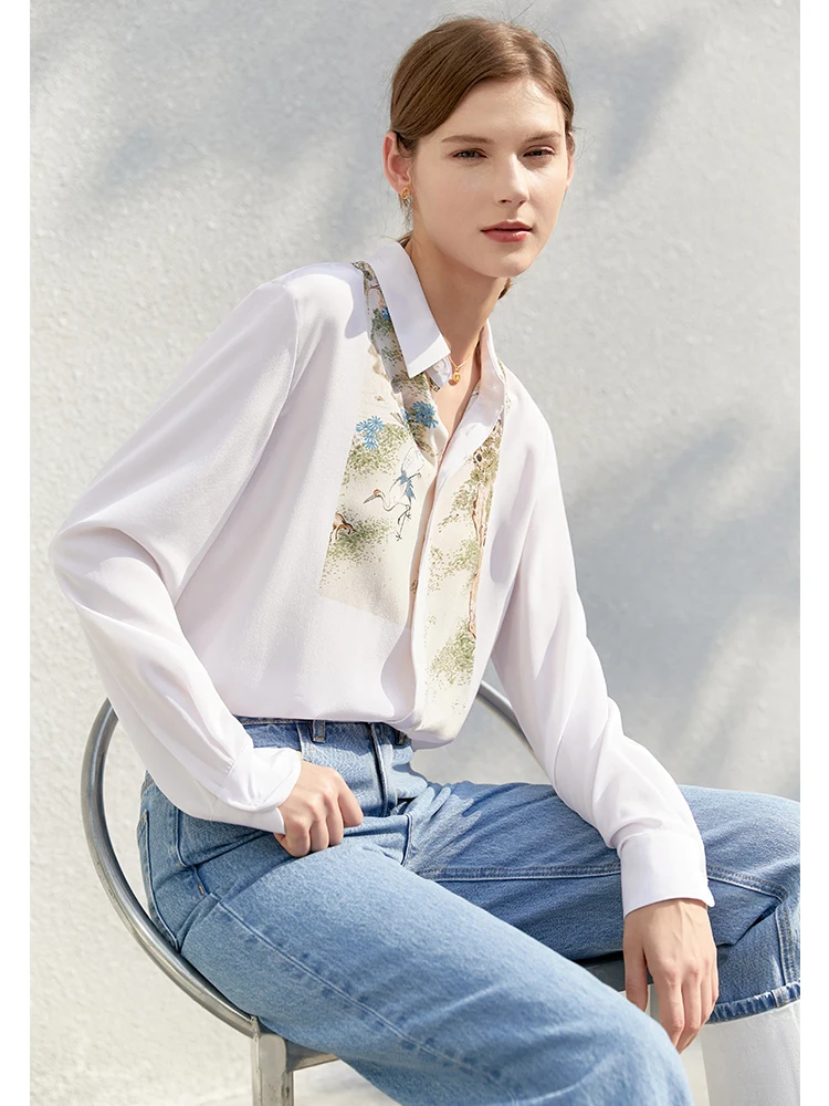 Amii Minimalism Summer Blouse Women\'s Office Lady Vintage Printed 100% Silk Shirts Blouses Elegant Shirt Female Tops 12270068