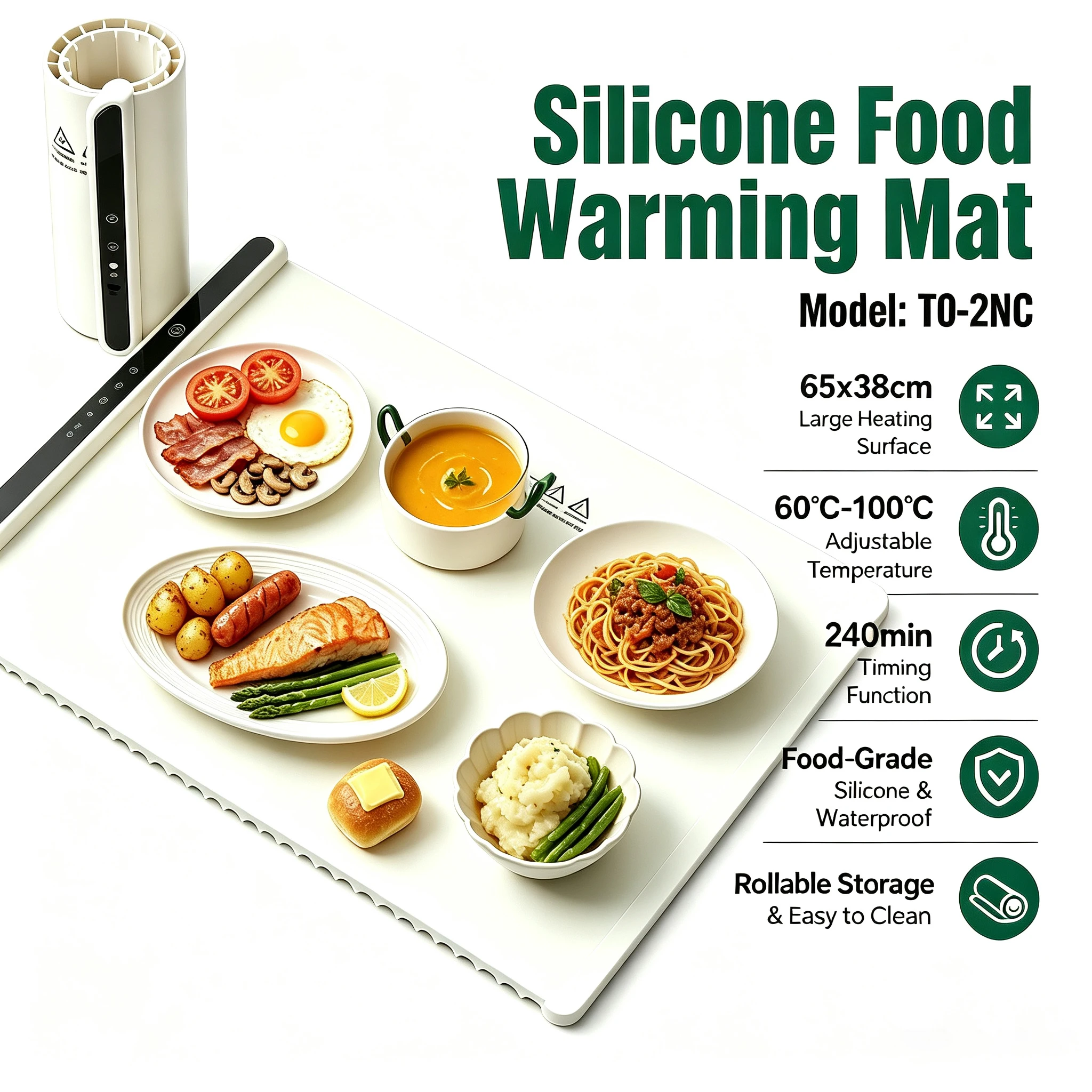 Silicone Warming Mat HoldPeak T0‑2NC 240W 60‑100°C 240min Timer 65×38cm Waterproof Oilproof Temp Adjustable Kitchen Heating Pad