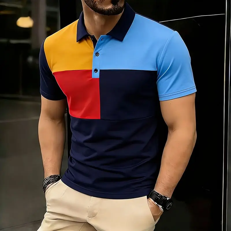 Summer Men's Color Block Splicing Polo Shirts Short Sleeve Breathable Casual Contrast Color Lapel Collar Streetwear Basic Tops