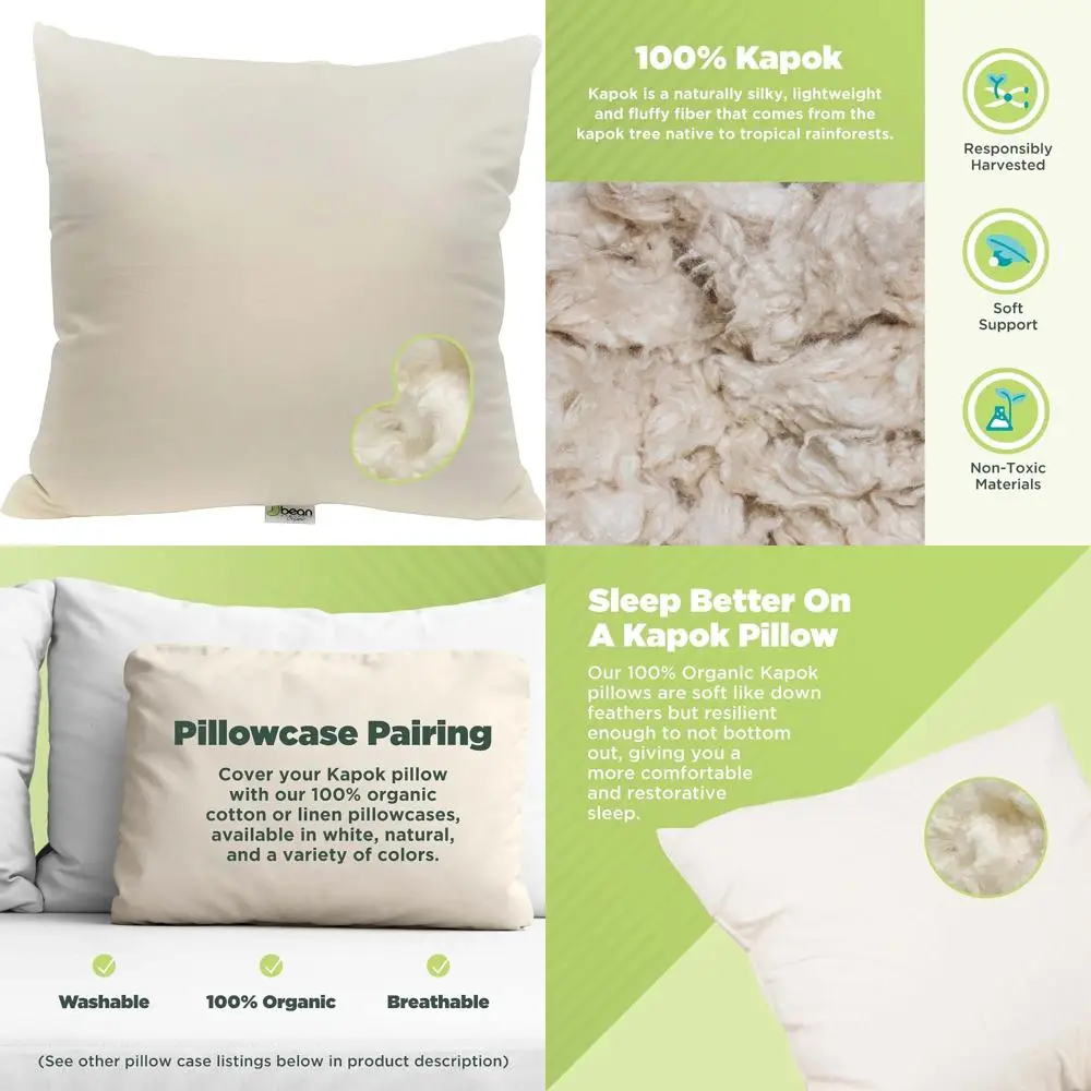 

Organic Cotton Kapok Pillow - 26x26 Euro Size, Vegan, Premium Quality, Made in USA for Neck, Bed, Body, and Floor Cushion Suppor