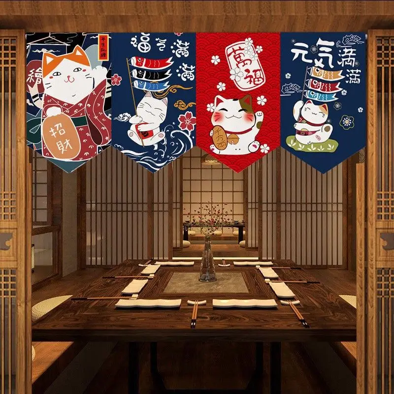 VIKAMA Japanese Triangle Flag Lucky Cat Maneki Neko Fortune Daruma Print Pennant Banner For Restaurant Bar Kitchen Decor
