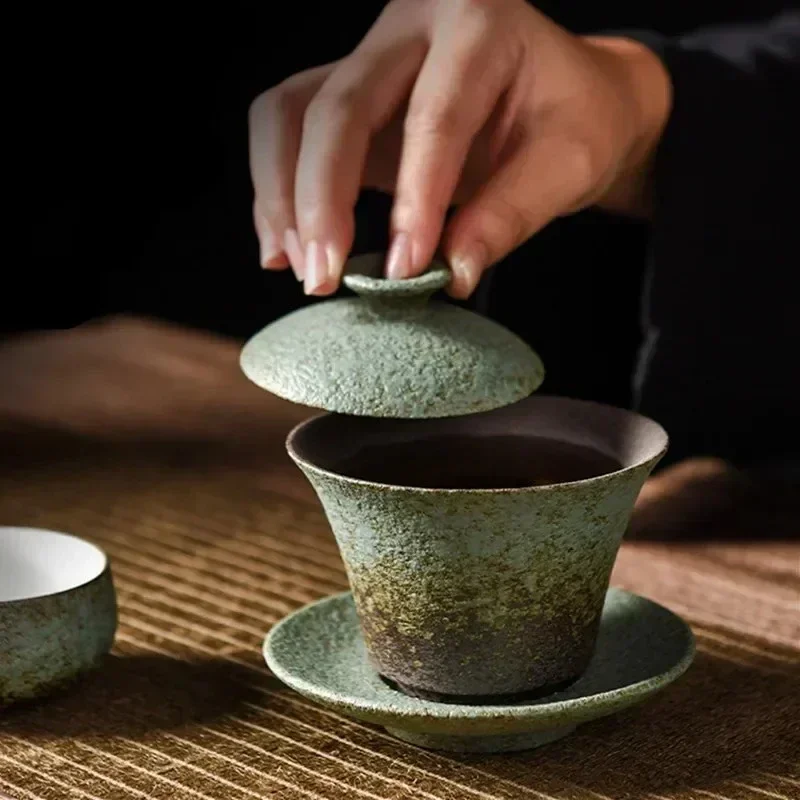 180ML Retro Coarse Pottery Three Gaiwan Household Kiln Change Ceramic Teacup Portable Beauty Tea Bowl Custom Traditional Tea Set