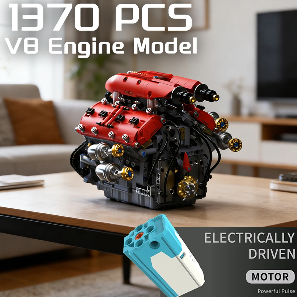 

Classic Red V8 Engine Model Building Blocks 1370 PCS Desktop Display Home Decor Adults Kids MOC Electric Motor Kit Toys DIY Gift