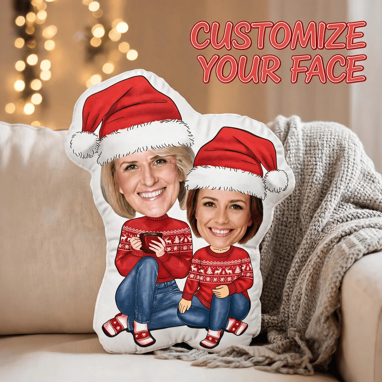Custom Photo Shaped Pillow, Personalized Christmas Family Portrait Decorative Cushion, Festive Red Sweater & Santa Hat Design, P
