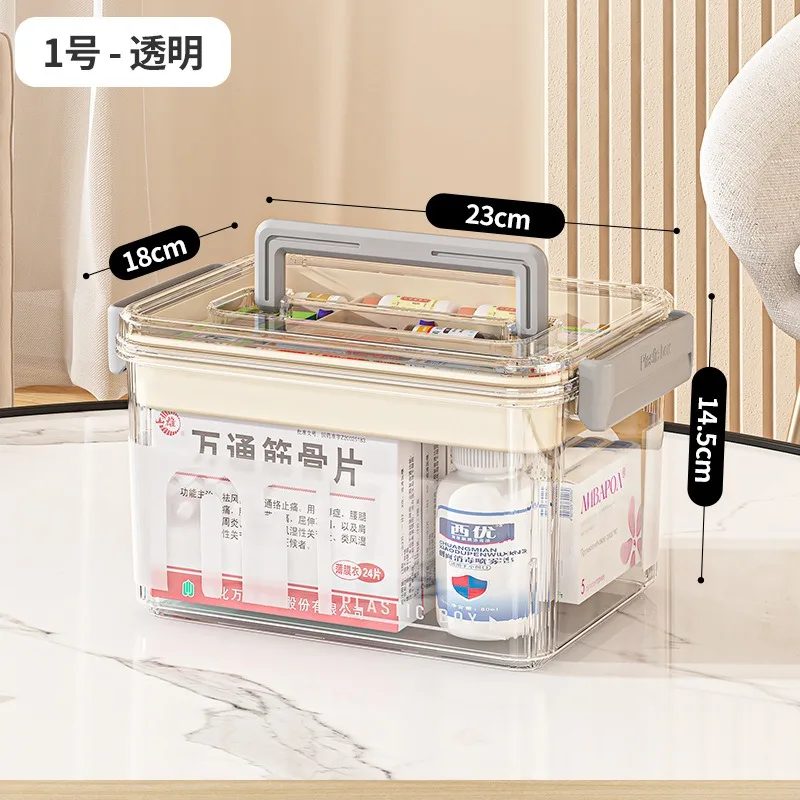 صندوق دواء متعدد الطبقات، صندوق تخزين أدوية محمول، صندوق طبي عائلي شفاف ذو سعة كبيرة