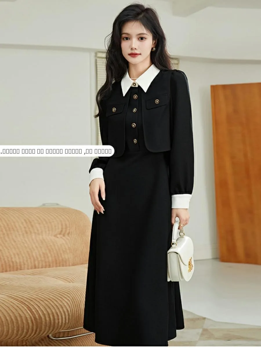 

Elegant Collar Fake Two-Piece Spring Dress Long Sleeve Women's Fashion Ensemble Chinese Polyester Fiber Casual Wear