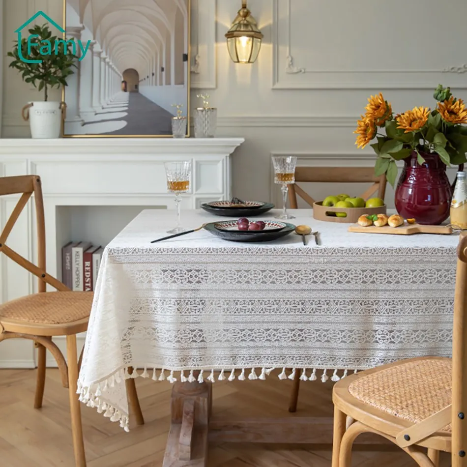 

White Tablecloth Crocheted Rectangular Table Cloth Embroidered Lace Beige French Pastoral Hollow Wedding Cofee Table Decor