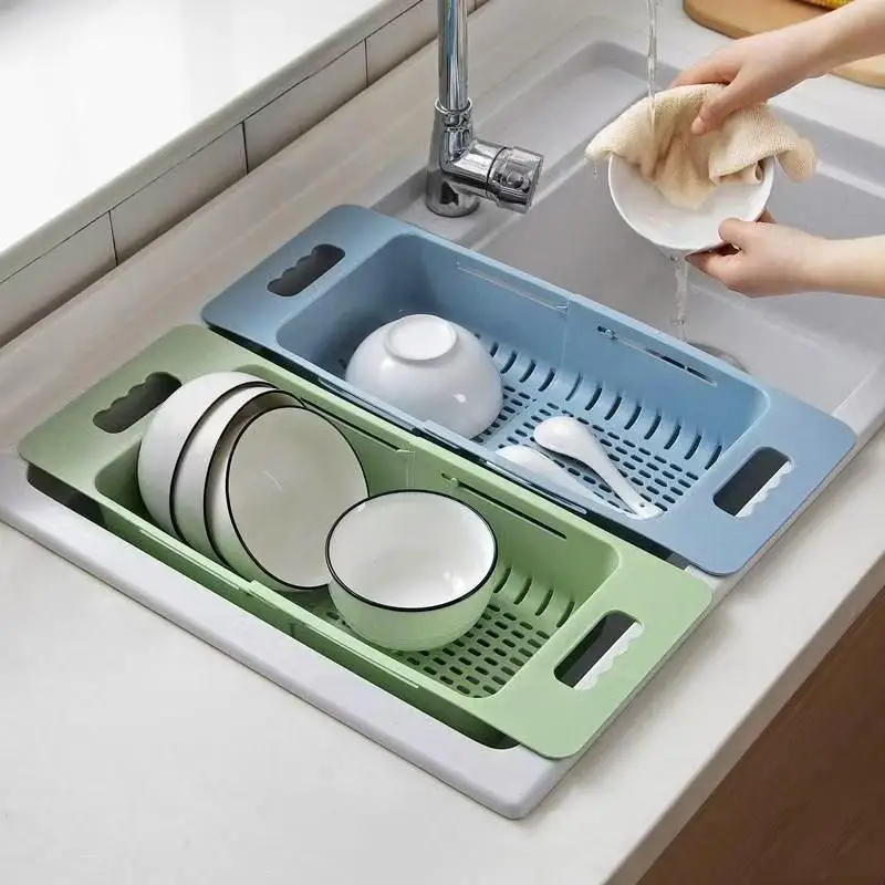 ●Retractable Kitchen Vegetable Fruit Washing Rack Extendable Adjustable Dish Drainer Sink Drain Basket Kitchen Accessories