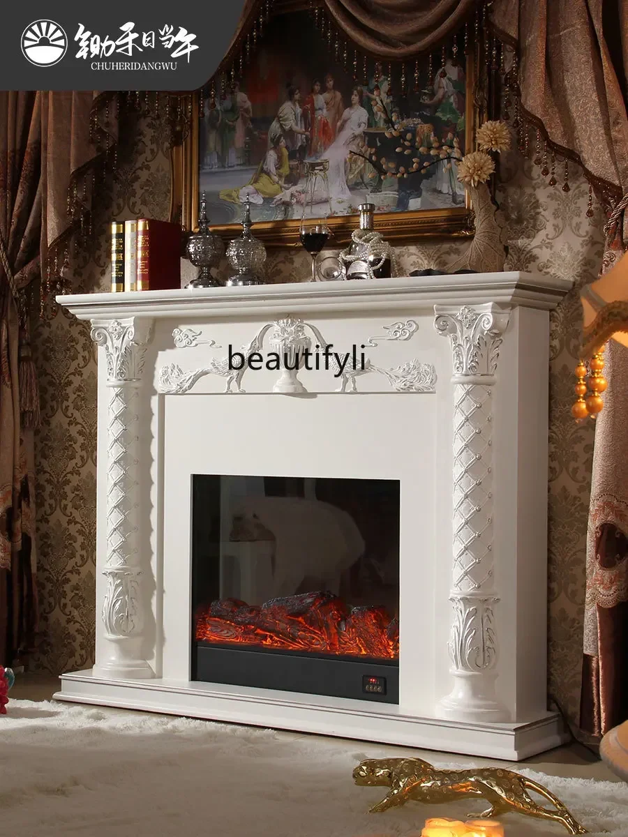 European-Style New Classical Living Room White Silver Fireplace Curio Cabinet French Retro Led Heating Electric Fireplace