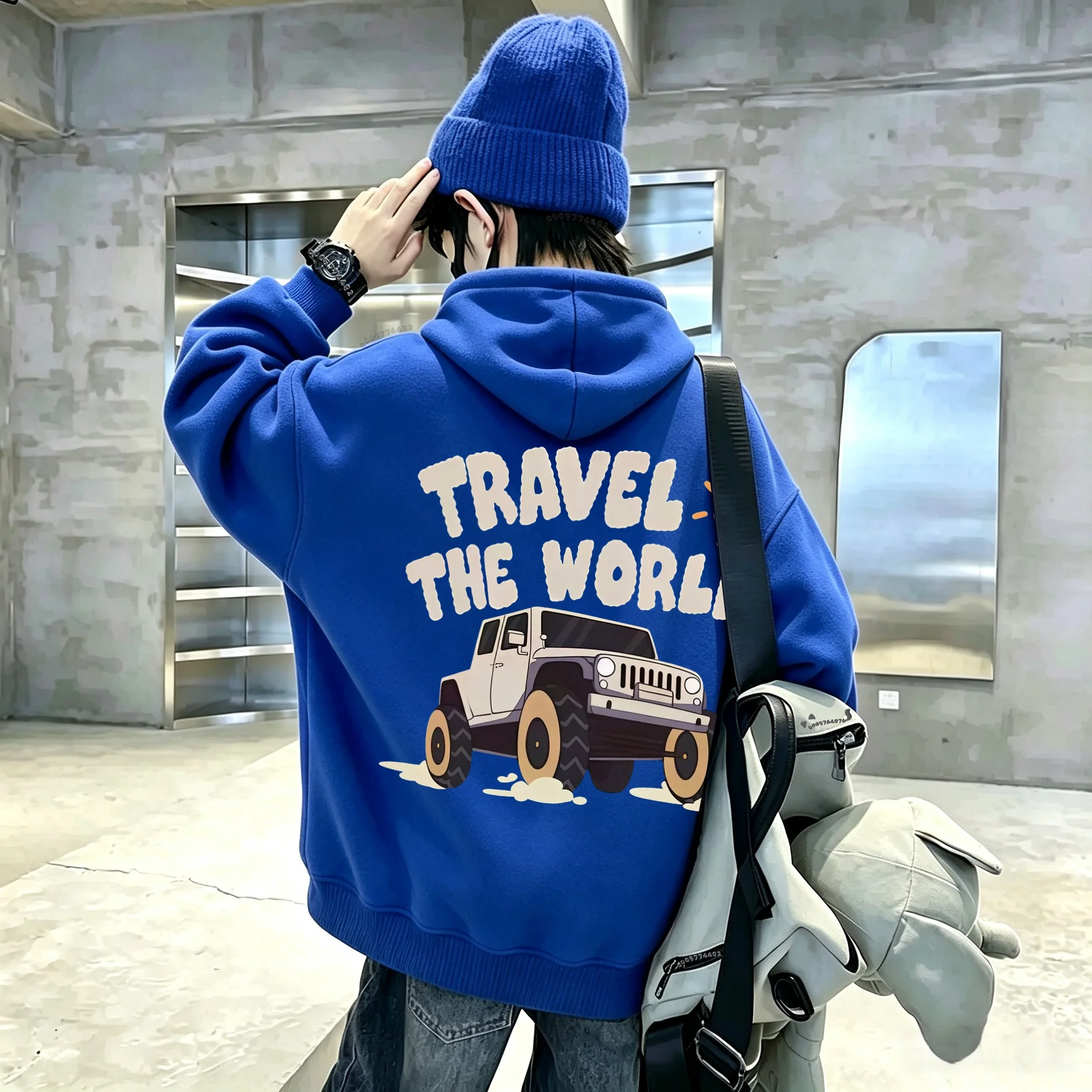 Y2K Unisex Kids Hooded Sweatshirt, Off-road Jeep Car Back Print Thick Pullover Hoodie, Autumn Winter Loose Casual Children Tops