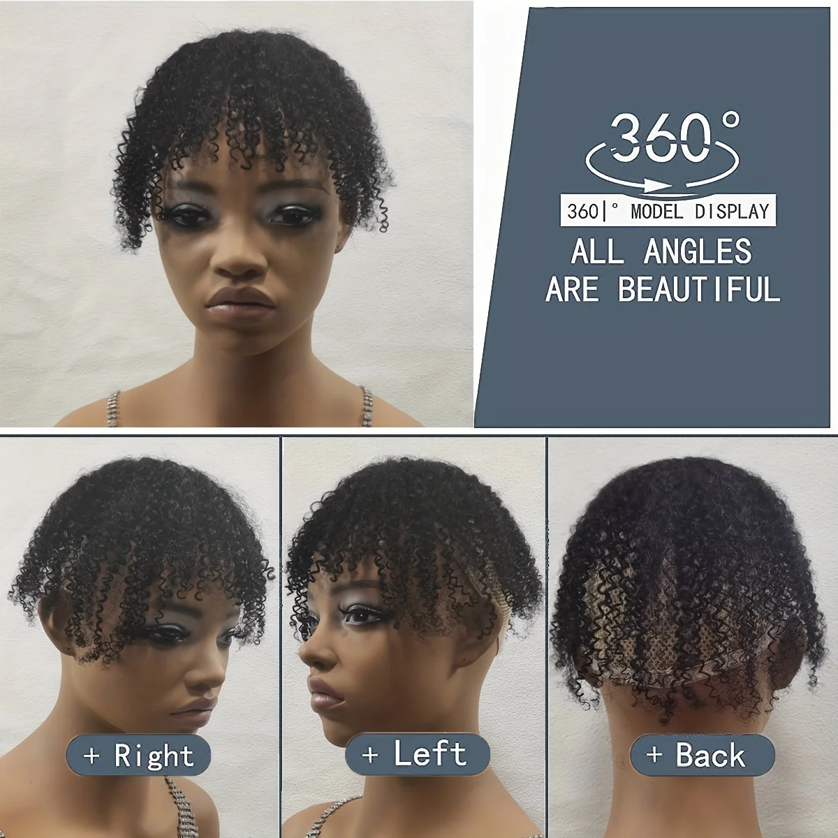 Pince à cheveux avec frange-Topper pince à cheveux avec frange avec des styles vaporeux, 100% cheveux humains Afro crépus bouclés Extensions de cheveux # 1B