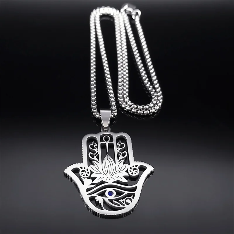 Hamsa Hand Ankh Lotus Necklace for Women Men Stainless Steel Silver Color Egypt Eye of Horus Necklaces Jewelry N8075S02