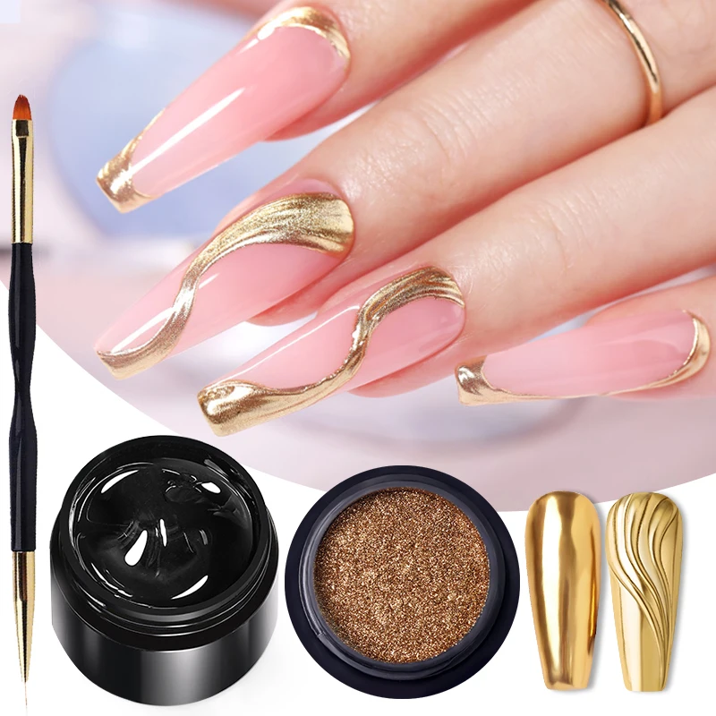 BORN PRETTY 3PCS Rhinestones Glue Gel Set Mirror Nail Powder With Nail Liner Brush UV LED Transparent Adhensive Glue Gel