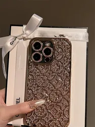 Luxury Gold Electroplated Case for iPhone 15 Pro Max 16 Pro Classic Floral Designer Glitter Diamond Cover for iPhone 13 14 11 12