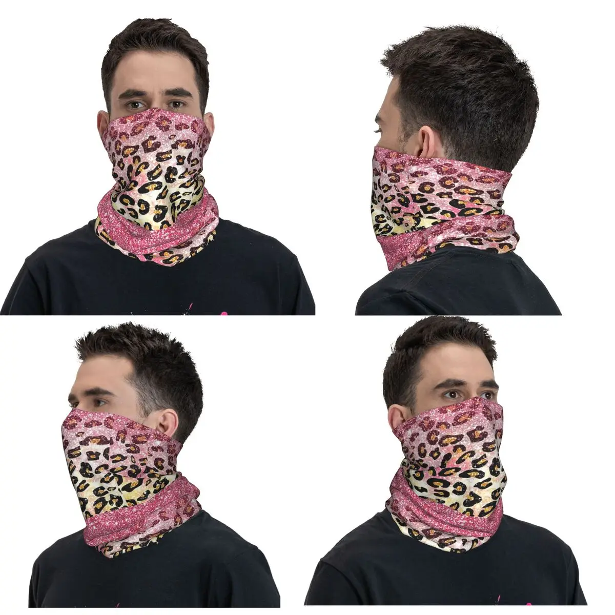 Bubble Gum Pink Faux Glitter Leopard Animal Print Bandana Neck Gaiter Printed Wrap Mask Scarf Headband Outdoor Sports