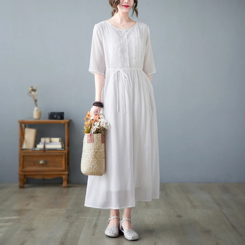 여름용 대형 사이즈 이중 레이어 면 린넨 오부 드레스 루즈핏 슬리밍 벨트 허리 롱 드레스 트렌디 버튼업 A라인...