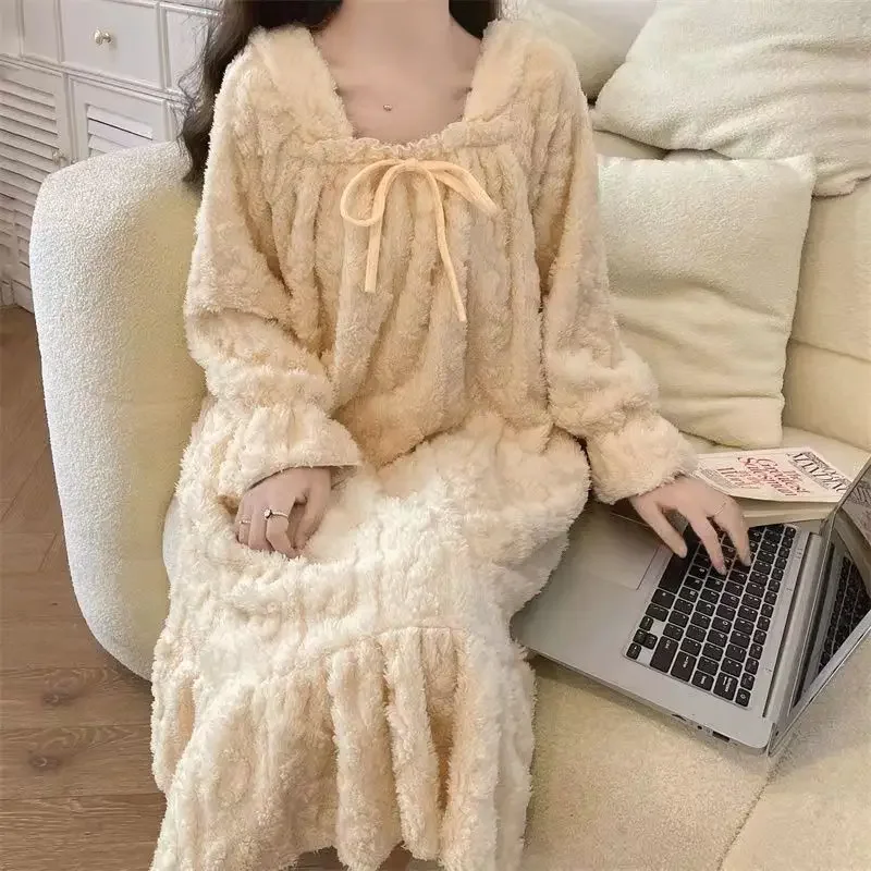 Fleece Women Nightgown Korean Winter Sleepwear Lace Night Dress Knee Length One Piece Pajamas Square Collar Warm Solid Home Wear