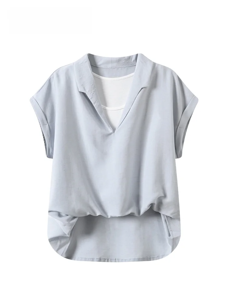 

Loose Short Sleeve Neck T-Shirt Women's plus Size Summer New Style Fake Two-Piece Versatile Casual Fashion Polyester Fiber