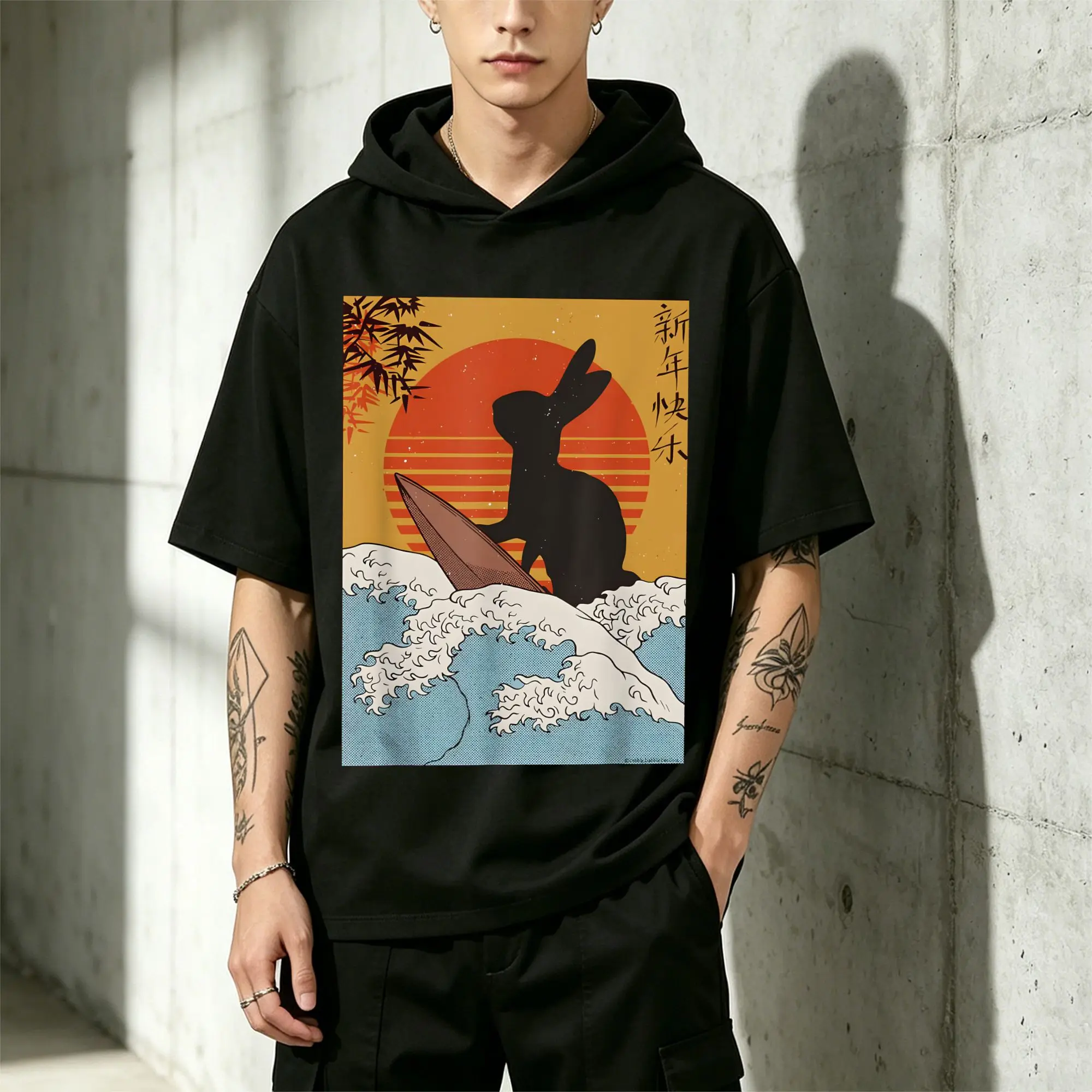Men's Short-Sleeve Hoodie, Year of the Rabbit Surfing Sunset T-Shirt, Casual and Comfortable, Fitted Cut