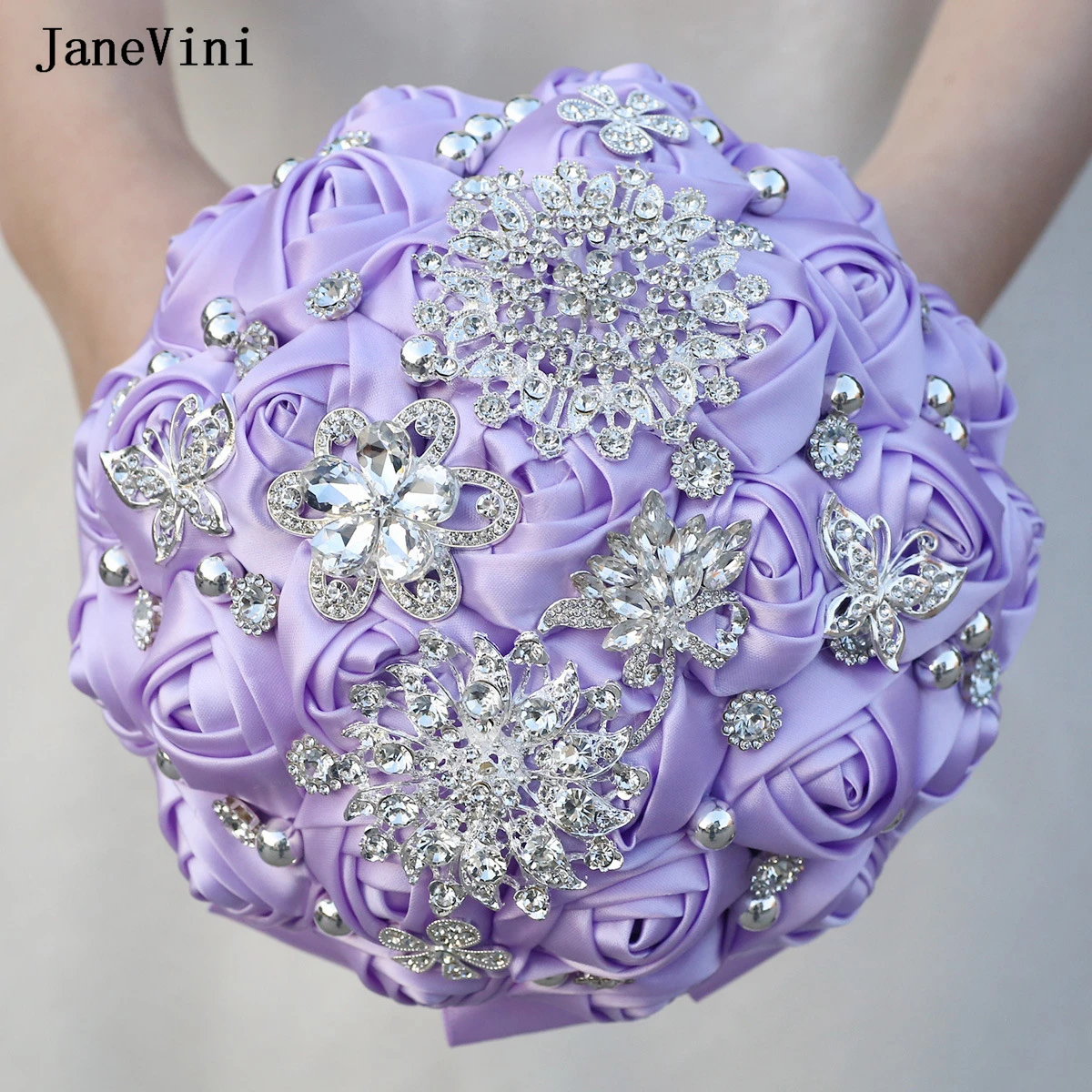 

JaneVini Romantic Light Purple Bridal Holder Bouquet for Wedding Artificial Satin Roses Rhinestone Brooch Bride Bouquets Flowers