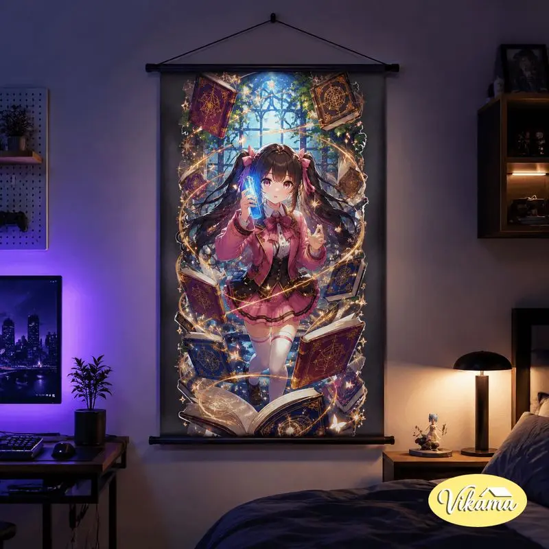 VIKAMA Anime Wizard Boy Tapestry Magic Book Mythical Beast Magical Art Wall Hanging Bedroom Living Room Aesthetic Home Decor