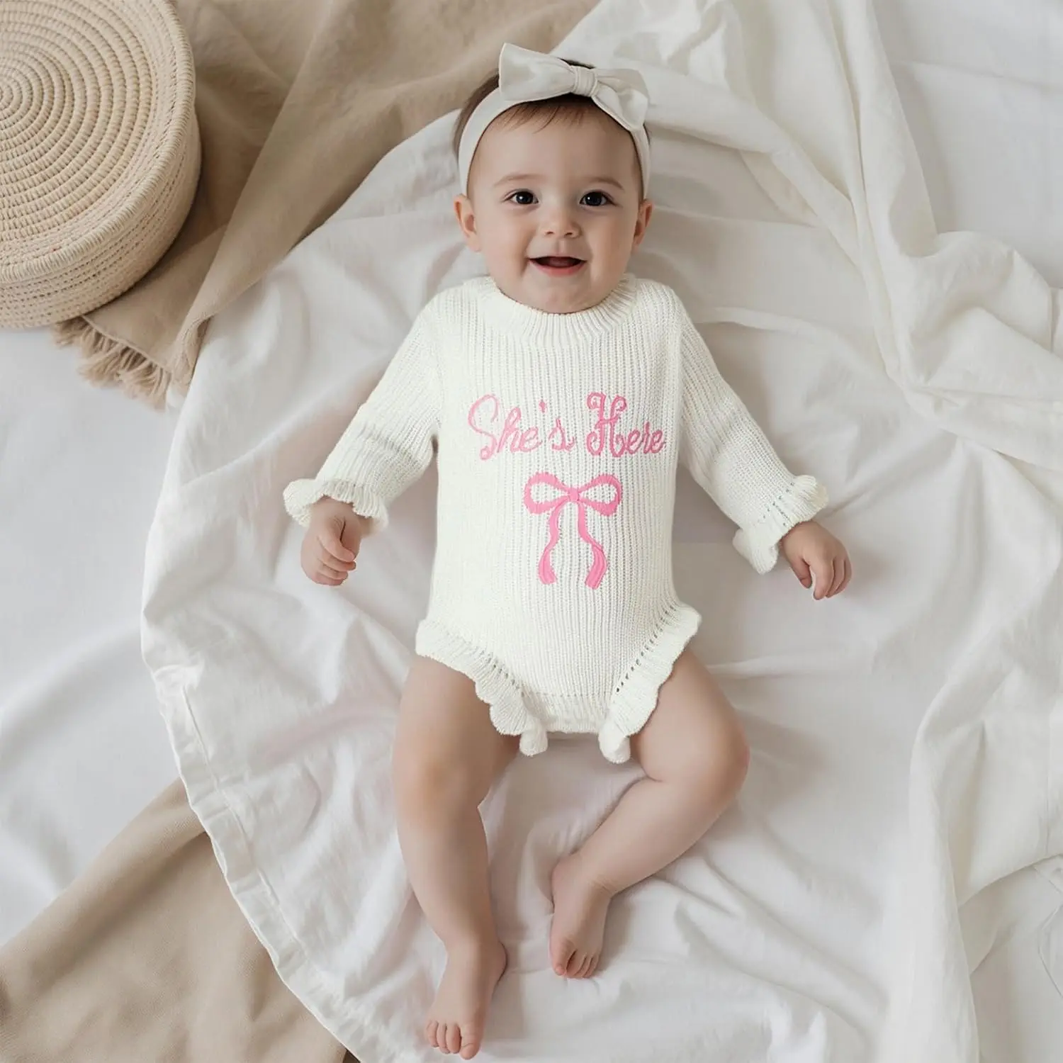 Custom Name Personalized Newborn Baby Girl Knit Sweater Embroidery Romper Long Sleeve Oversized Onesie