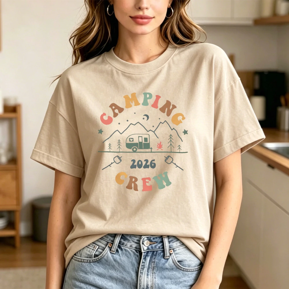 2026 Camping Crew Retro Rainbow Graphic T-Shirt Vintage Mountain Camper Tee Family Group Camping Trip Matching Casual Shirt