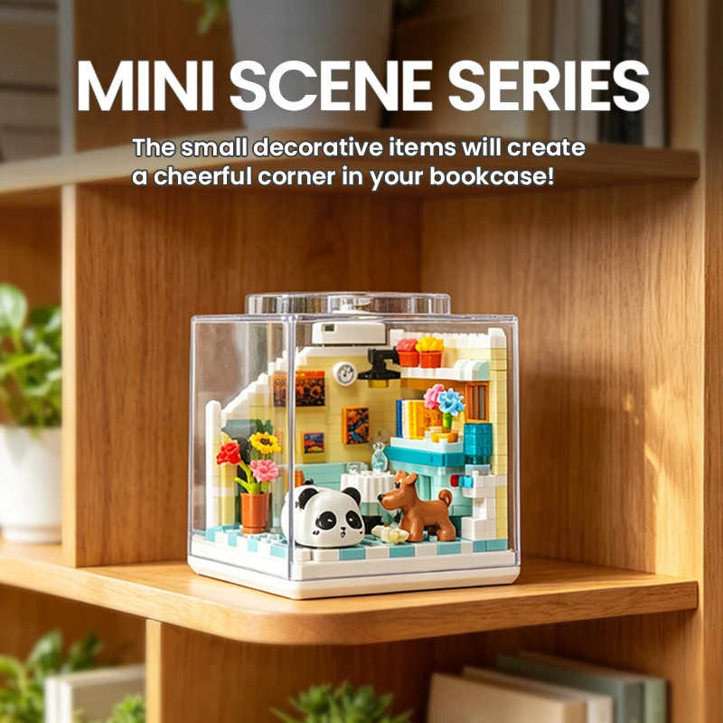 Panda Daily Life Micro Building Blocks Set with Transparent Display Dust Cover, DIY Miniature Scene Collection for Home Decor