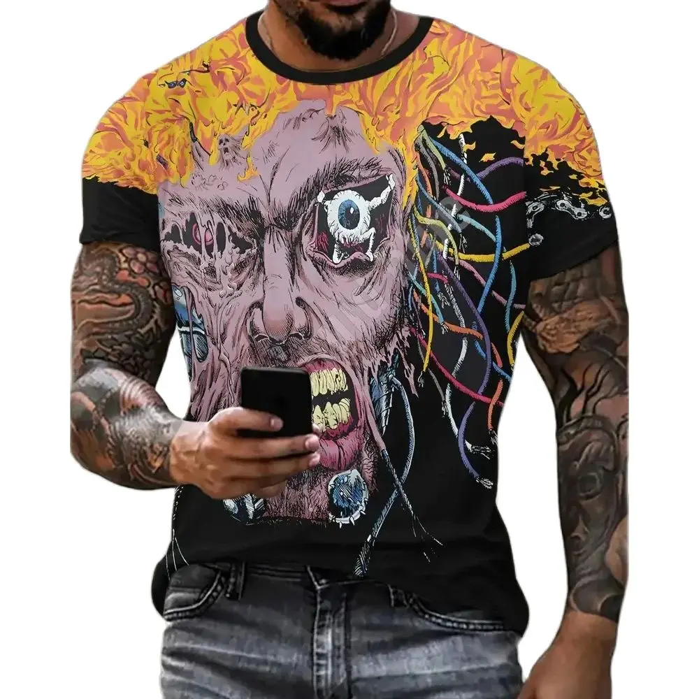 تي شيرت رجالي جديد ثلاثي الأبعاد بنمط وجه مطبوع كاجوال على طراز الشارع بأكمام قصيرة تي شيرت برقبة دائرية ملابس كبيرة الحجم #6