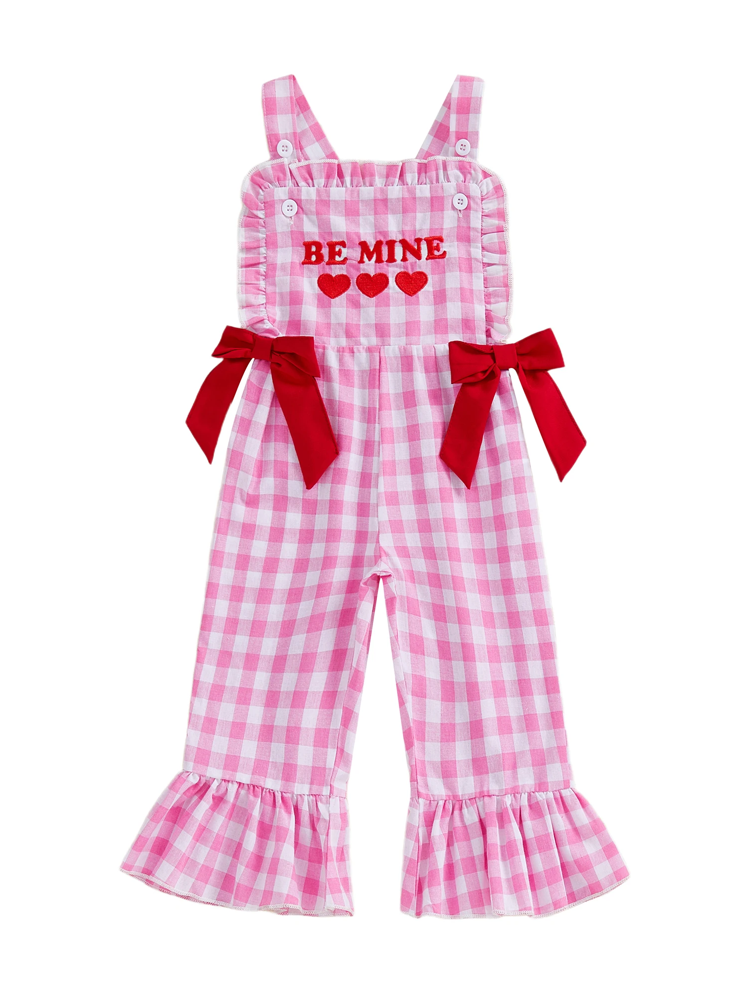 

Valentine s Day Sweetheart Embroidered Denim Jumpsuit with Heart-Shaped Buttons and Ruffled Hemlines for Girls
