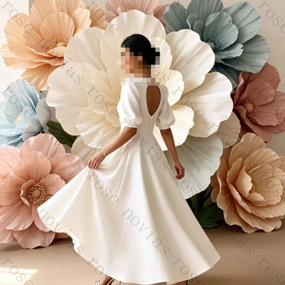 Customized Round Neck Puff Short Sleeve Satin Midi Wedding Dress Side Cutout Pearl Detail A Line Tea Length Simple Bridal Gown