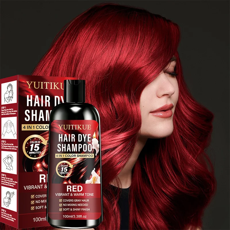 No Mix Red Hair Coloring Shampoo 4 In 1 15 Minutes Fast Dye Cover Grey Hair Glossy Vibrant Warm Tone Gentle Hair Treatment 100ml