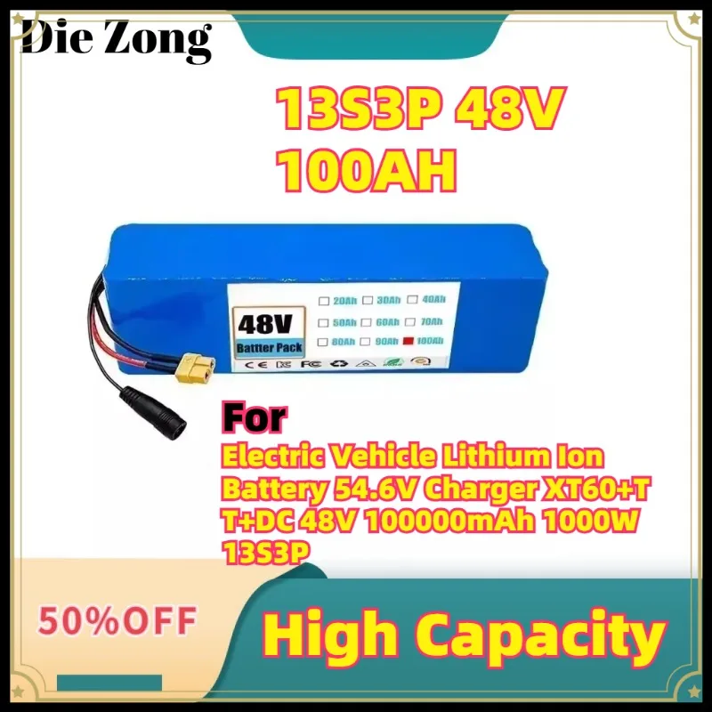

New For Electric Vehicle Lithium Ion Battery XT60+T T+DC 48V 100000mAh 1000W 13S3P Lithium-ion Battery Pack