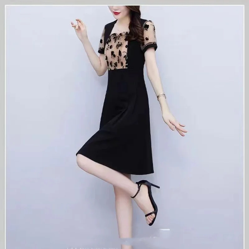 2024 Summer New Women\'s Fashion Elegant Slim Contrast Color Spliced Ruffles Square Collar Short Sleeve Gauze Printed Dress