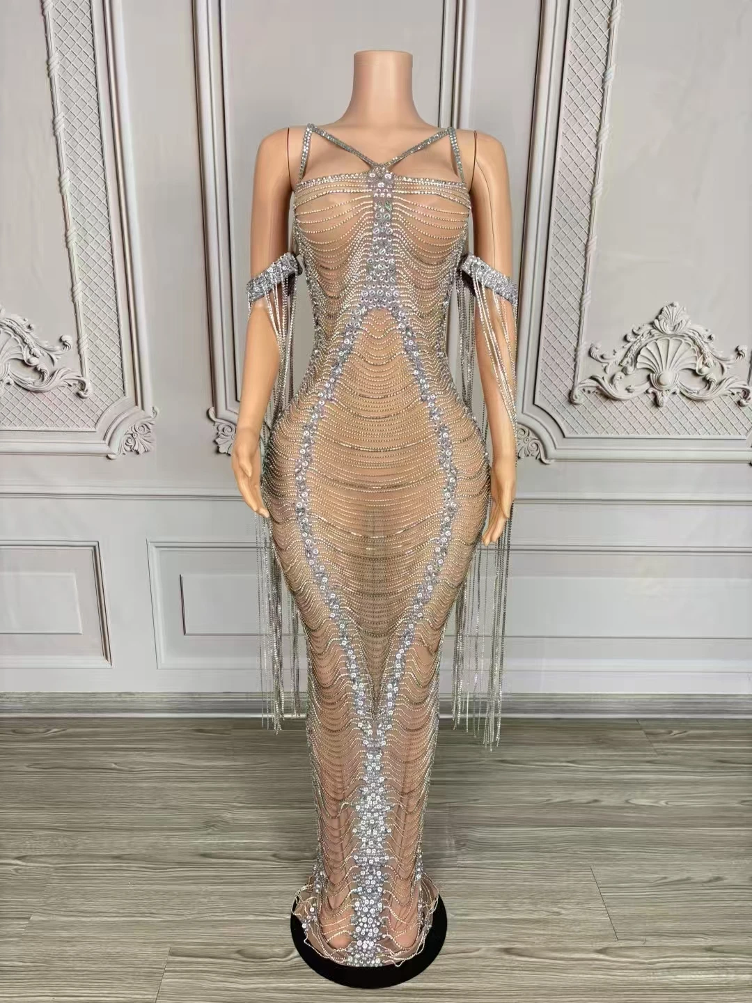 

Luxury Crystals Tassel Evening Gown SheerMesh Tight Fitting Long Dress Festival CelebrateProm Outfit Club Wear D217