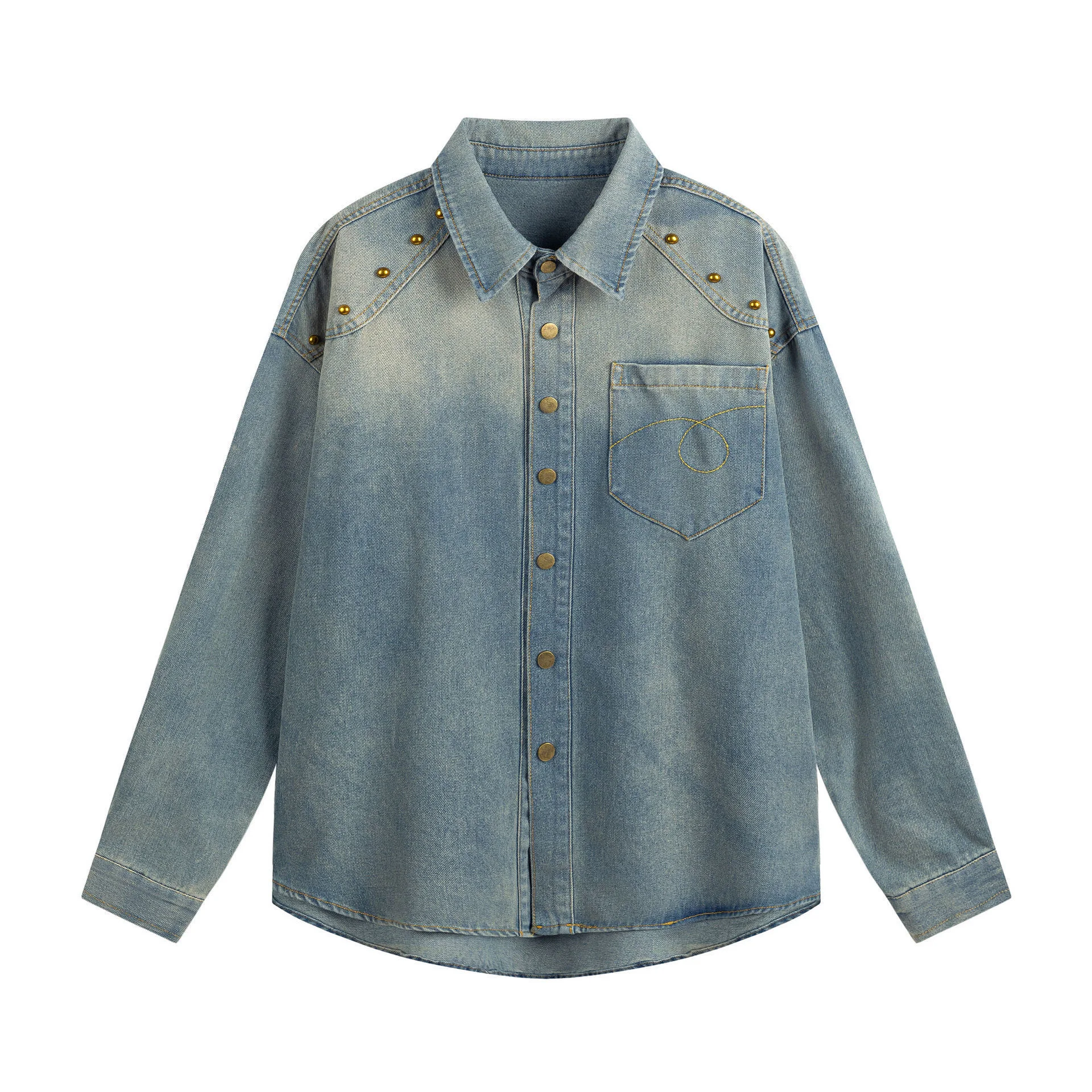 

American Style Rivets Denim Shirt Women's Loose Autumn New Short Lapel Jacket Fashionable Single Breasted Long Sleeved Top