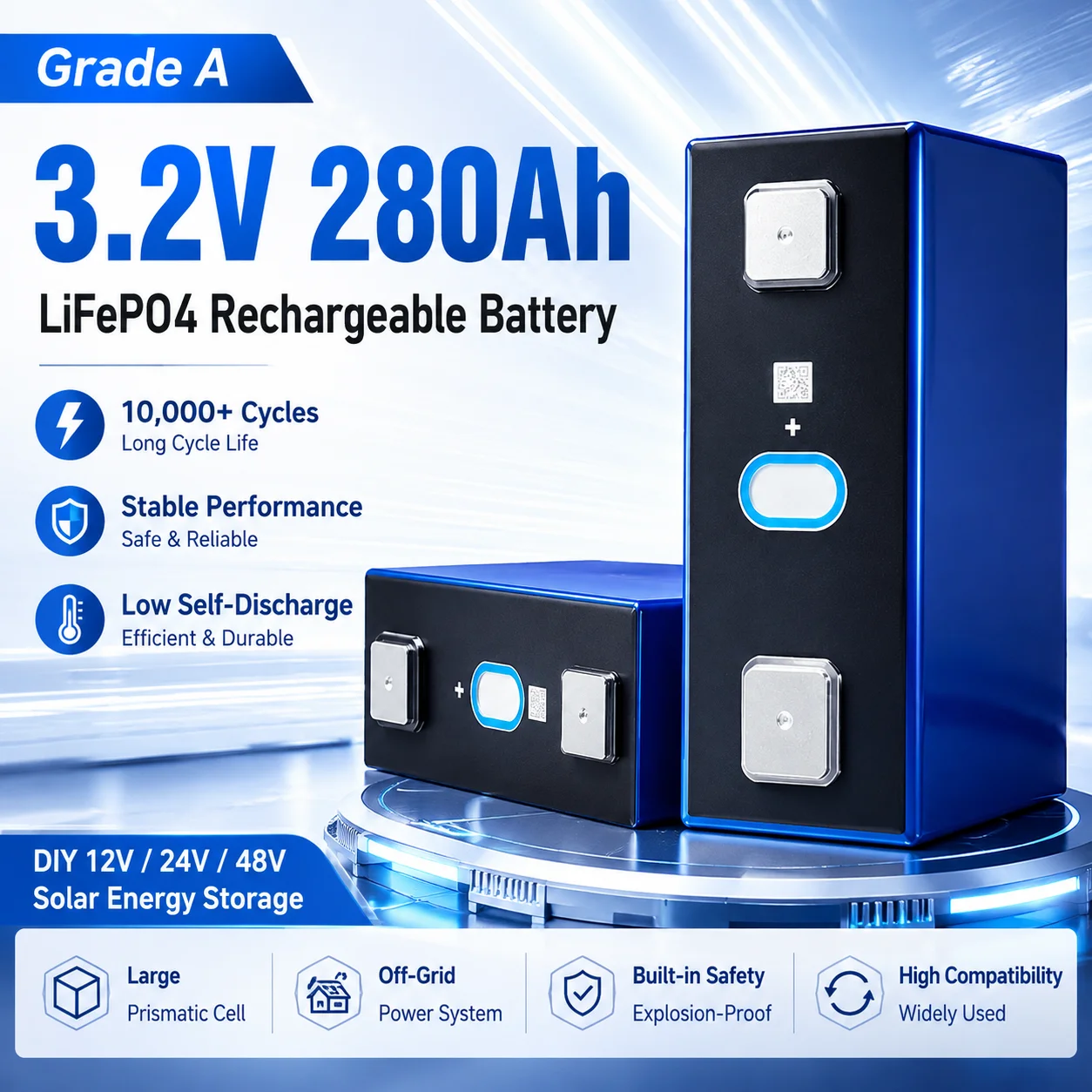 Grade A 3.2V 280AH Lifep04 Rechargeable Battery  DIY 12V 24V 48V Solar Power Storage Off-Grid Solar Power System Duty-free