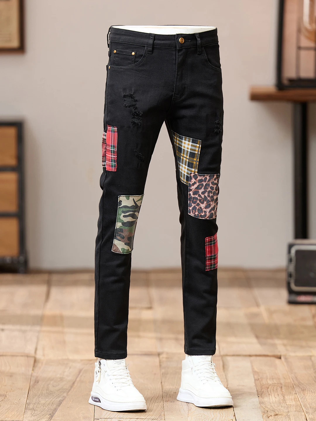 

Мужские джинсы слим-фит, повседневные, из денима, с дизайном в стиле пэчворк и дырками, на эластичной талии, длинные брюки, осенне-зимние, модные, из хлопка