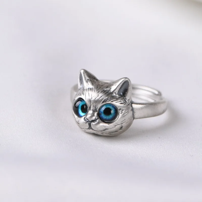 S925 Sterling Silver Cat Open Ring, Vintage Oxidized Finish, Cute Kitten Design, Adjustable Band, Trendy Women Finger Jewelry