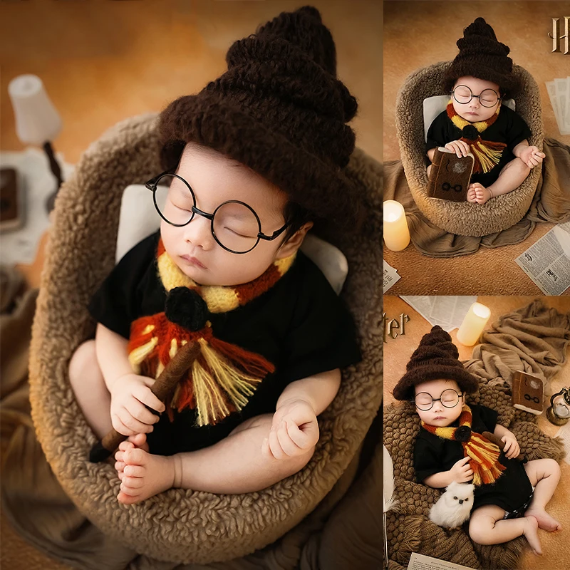 Hot IP Character Wizard Costume Newborn Photography Outfit :Boy Girl Wizard Robe + Knitted Romper+ Glasses Baby Cosplay Clothing