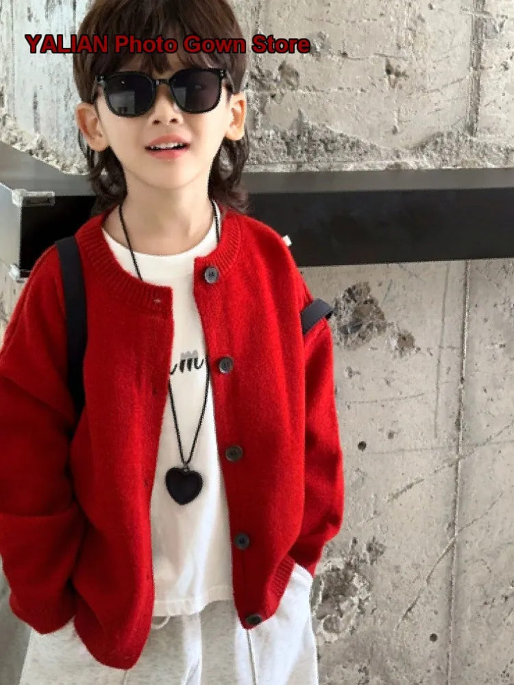 Boys Red Knit Top Kids Autumn Winter Parent-Child Outfit Little Kids