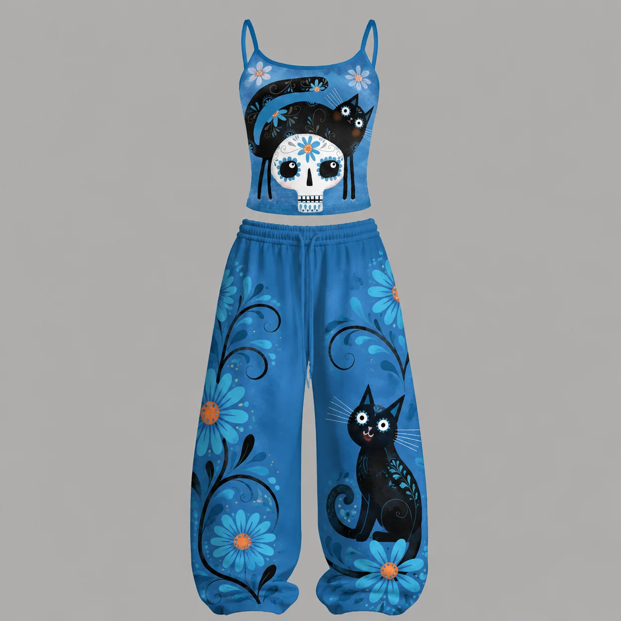 Blue Black Cat Sugar Skull Florals Top Elasticated Trousers Two Piece Set Outfit Yoga Fitness Women Suit