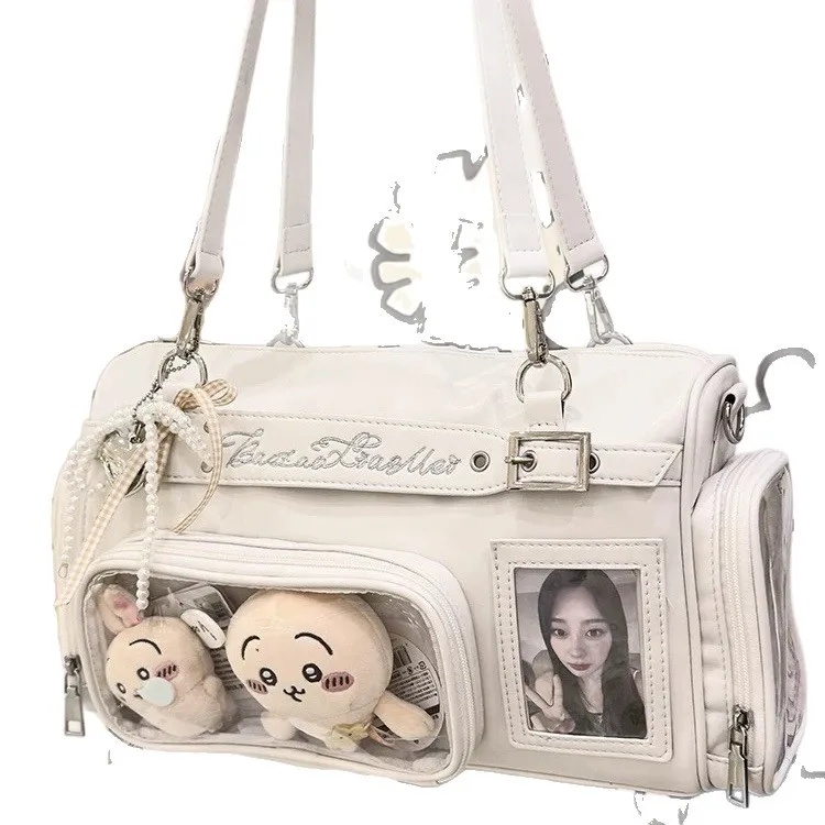 Japanese Kawaii Anime Itabag Women High Quality PU Leather Boston Handbag Clear Transparent Pocket Ita Bag JK Uniform Bag