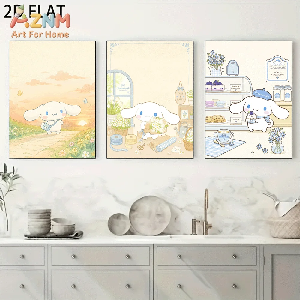 AZNM Cinnamoroll Canvas Wall Art Unframed Cute Cartoon Print Poster Sunset Meadow Flower Shop Bakery Pastel Kawaii Design for Gi