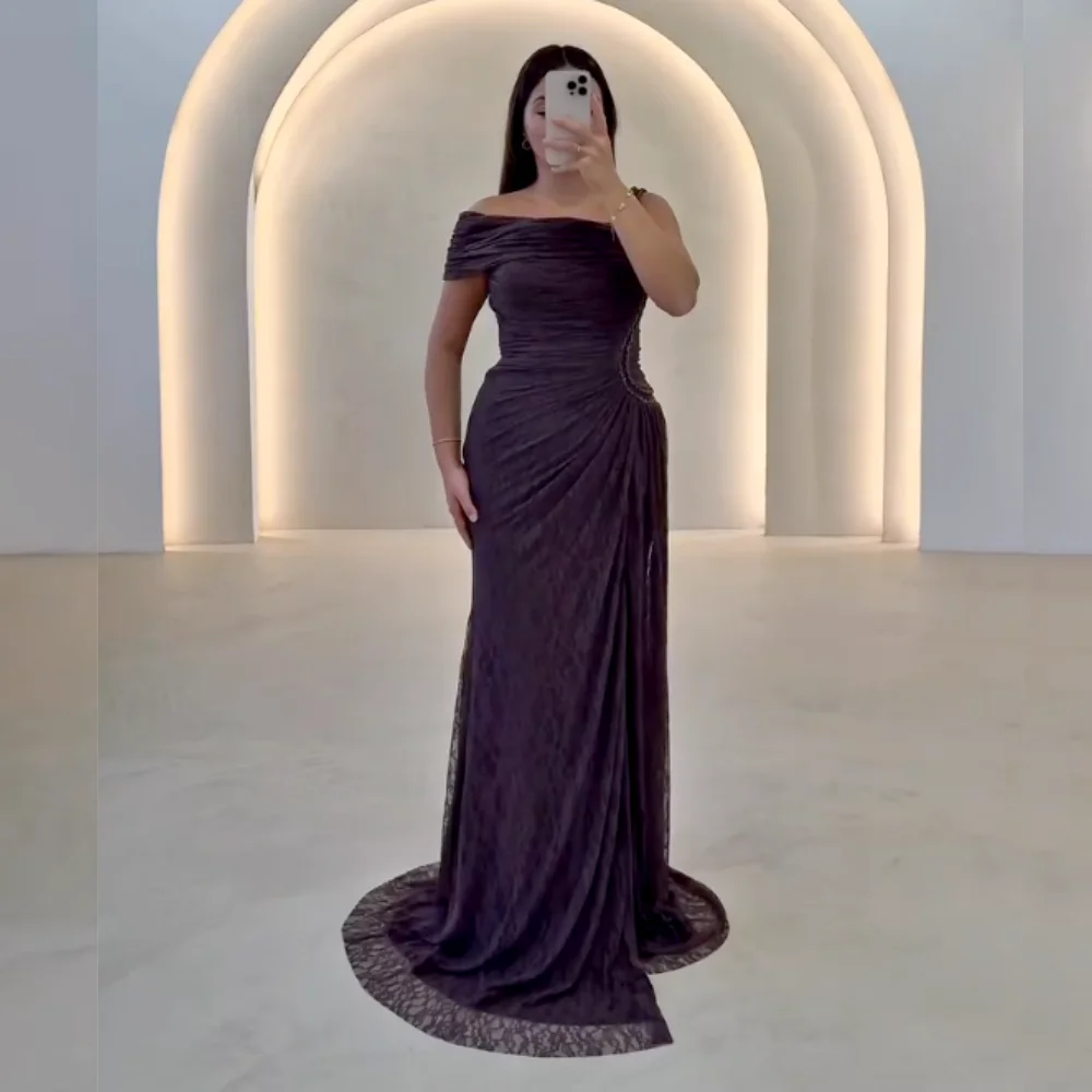 

Customized Pleat Lace Off-the-shoulder TrumpetLong Dresses Bespoke Occasion High Quality Women's Evening Elegant Party Wedding