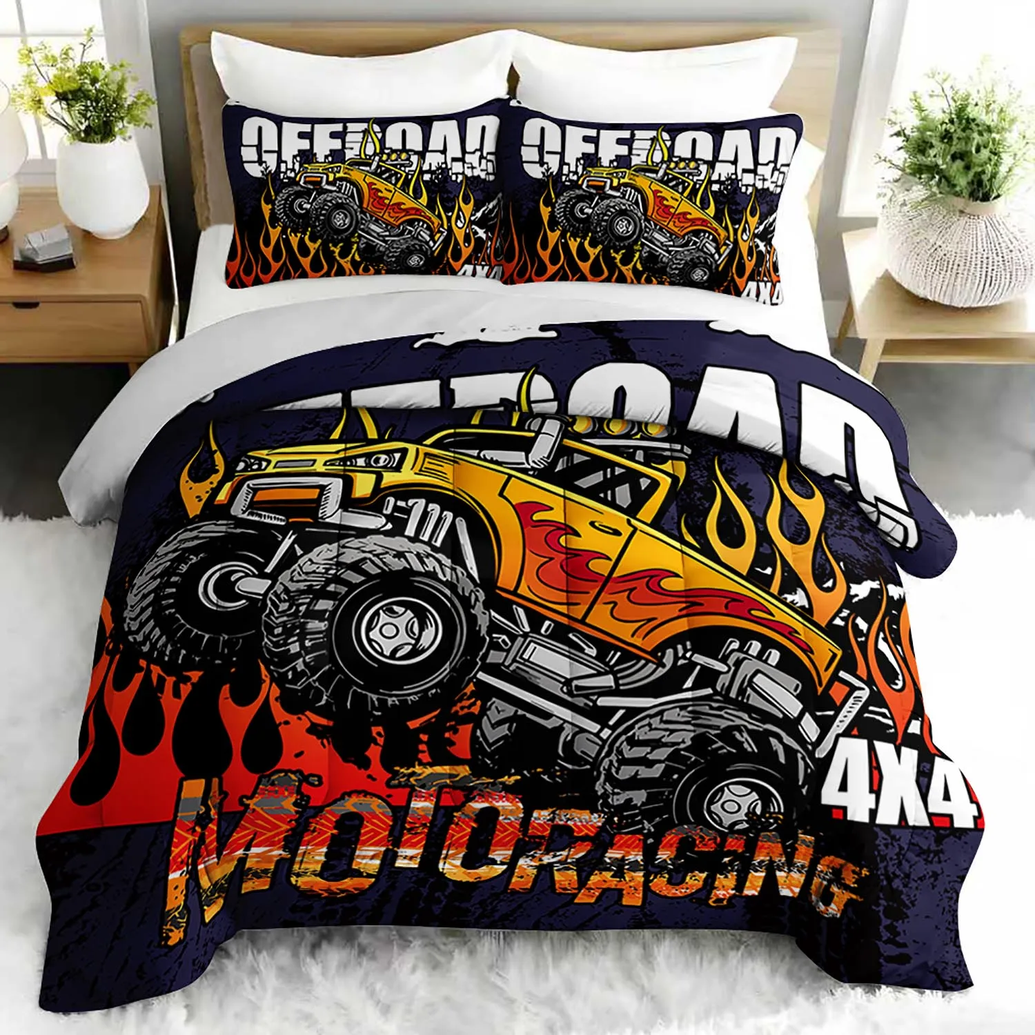 

3PC Monster Truck Racing Bedding Set Offroad Duvet Cover with 2 Pillowcases for Bedroom Or Guest Room Decor Motoring Theme