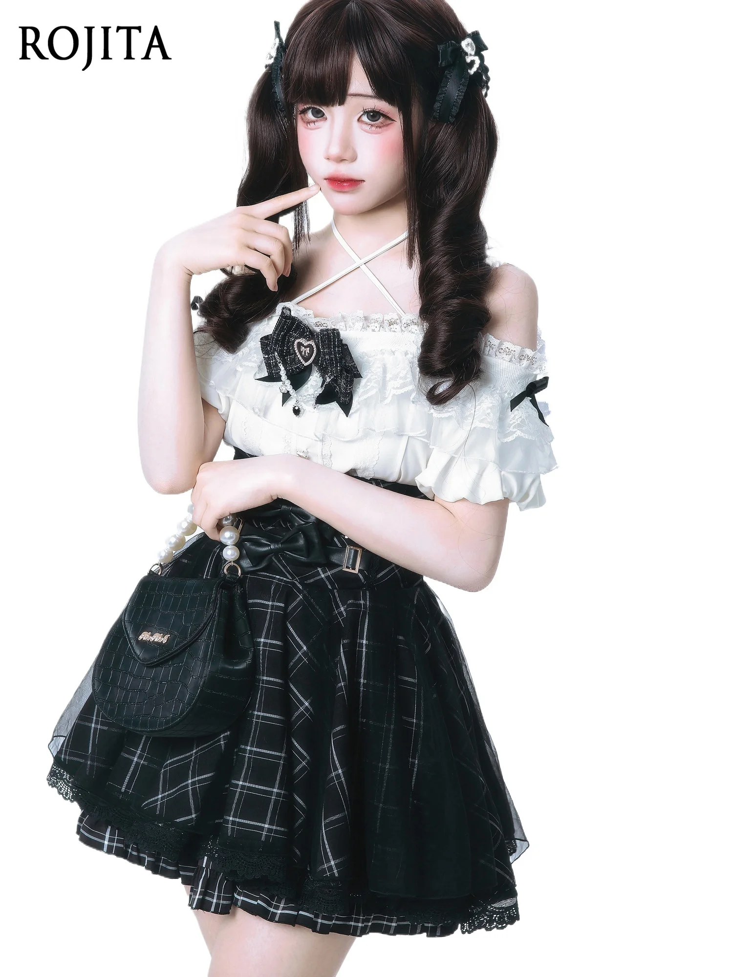 Jirai Kei Style Set Off-Shoulder Ruffle Blouse Mass-produced Japanese Subculture Black and White Top Plaid Half Skirt