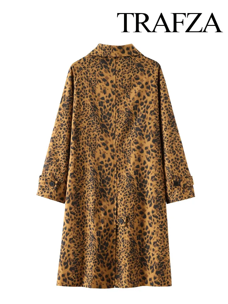 TRAFZA Women Fashion Leopard Print Lapel Jacket Coat Female Vintage Long Sleeve Hidden Buckle Pocket Loose Slim Overcoat TRAF